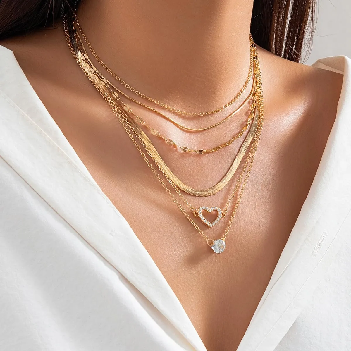 Layered Gold Necklaces Dainty Stackable Herringbone Necklace Snake Chain Choker Necklace Paperclip Chain Coin Pendant Trendy Jewelry for Women Girls