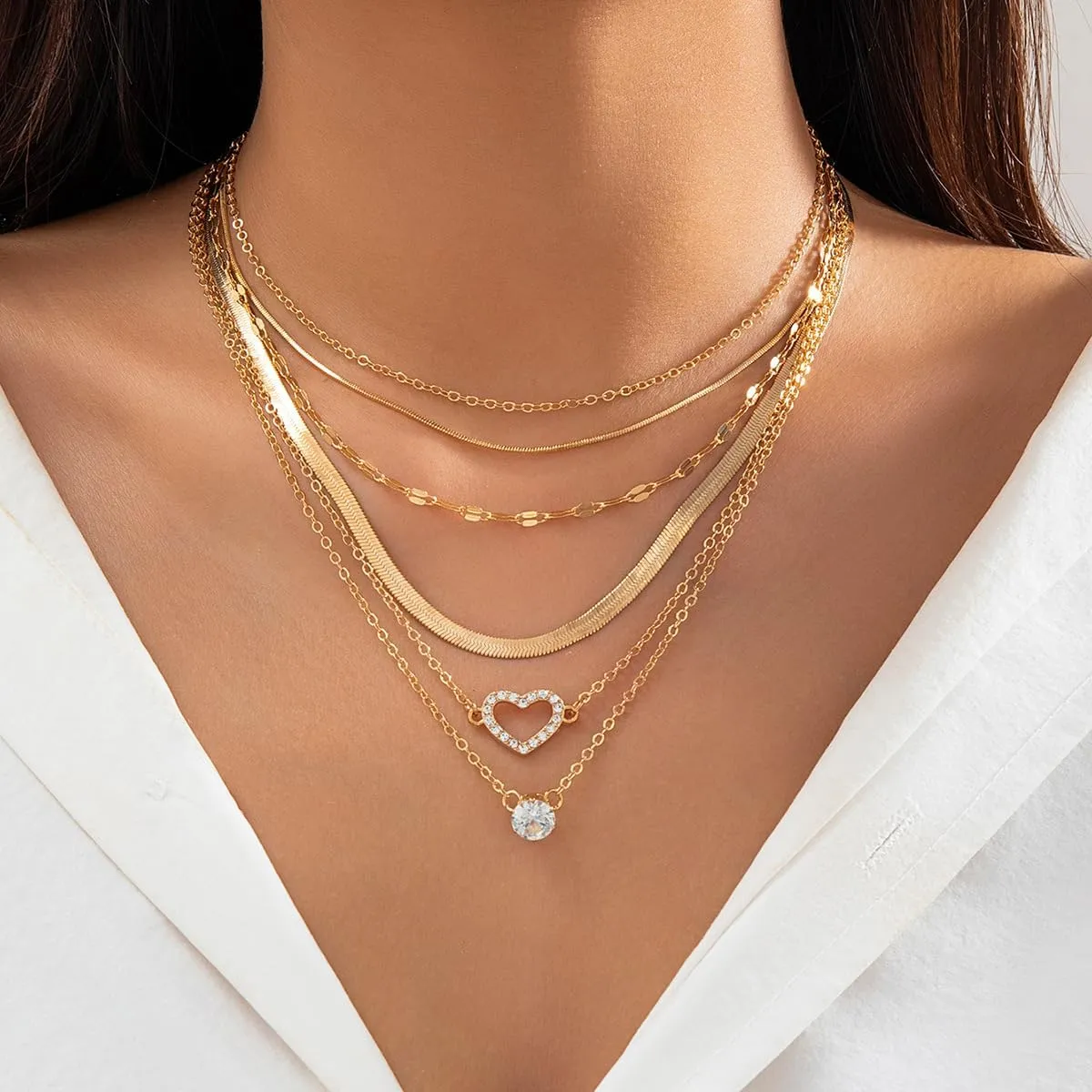 Layered Gold Necklaces Dainty Stackable Herringbone Necklace Snake Chain Choker Necklace Paperclip Chain Coin Pendant Trendy Jewelry for Women Girls