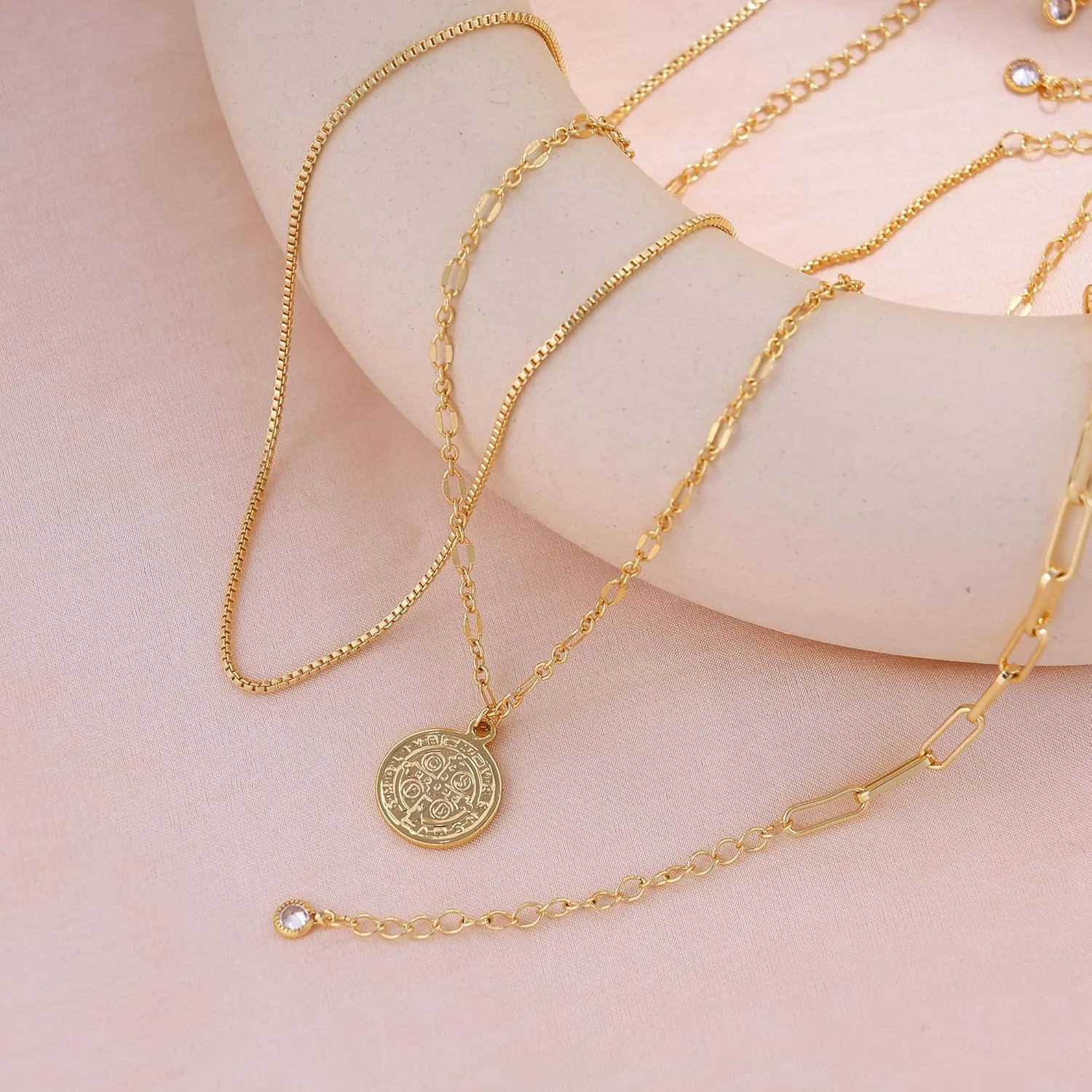 Layered Gold Necklaces for Women, 14k Plated Dainty Gold Choker Necklace Stack for Women Paperclip Chain Gold Stacked Cross Necklace Set Stackable Simple Pearl Choker Non Tarnish Waterproof Jewelry