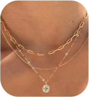 Layered Gold Necklaces for Women, 14k Plated Dainty Gold Choker Necklace Stack for Women Paperclip Chain Gold Stacked Cross Necklace Set Stackable Simple Pearl Choker Non Tarnish Waterproof Jewelry