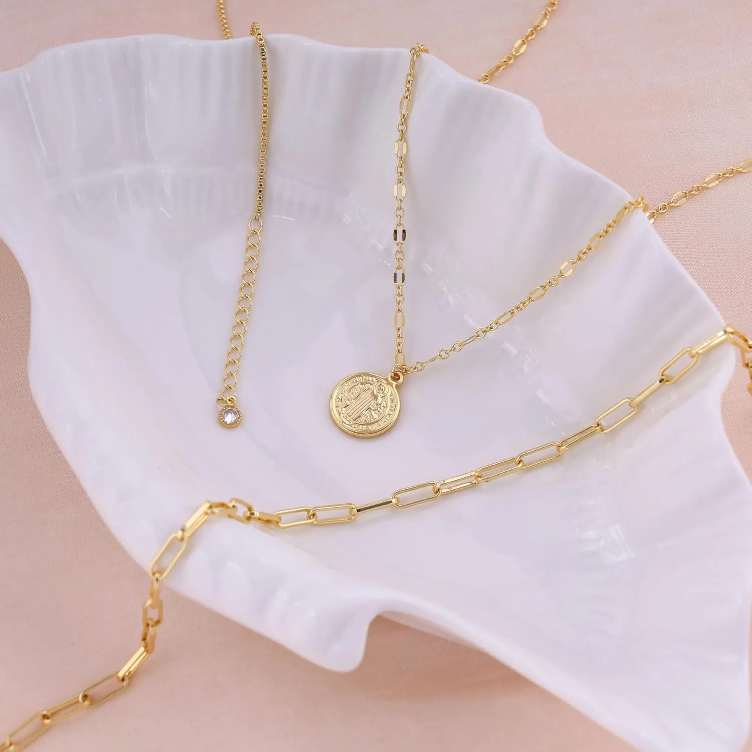 Layered Gold Necklaces for Women, 14k Plated Dainty Gold Choker Necklace Stack for Women Paperclip Chain Gold Stacked Cross Necklace Set Stackable Simple Pearl Choker Non Tarnish Waterproof Jewelry