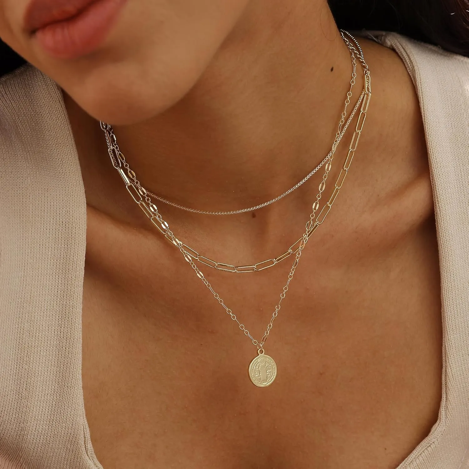 Layered Gold Necklaces for Women, 14k Plated Dainty Gold Choker Necklace Stack for Women Paperclip Chain Gold Stacked Cross Necklace Set Stackable Simple Pearl Choker Non Tarnish Waterproof Jewelry