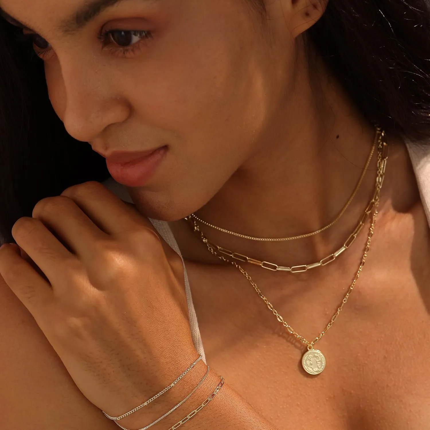 Layered Gold Necklaces for Women, 14k Plated Dainty Gold Choker Necklace Stack for Women Paperclip Chain Gold Stacked Cross Necklace Set Stackable Simple Pearl Choker Non Tarnish Waterproof Jewelry