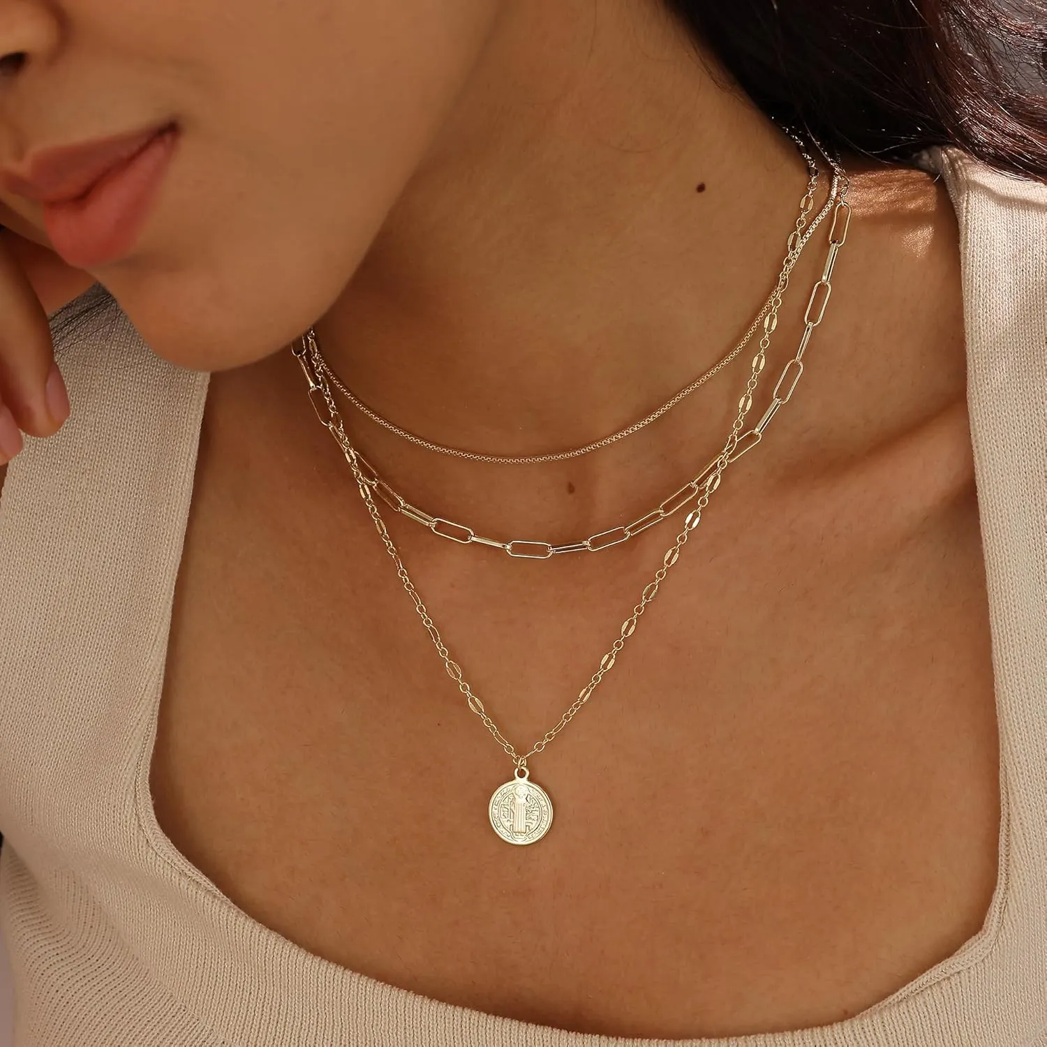 Layered Gold Necklaces for Women, 14k Plated Dainty Gold Choker Necklace Stack for Women Paperclip Chain Gold Stacked Cross Necklace Set Stackable Simple Pearl Choker Non Tarnish Waterproof Jewelry
