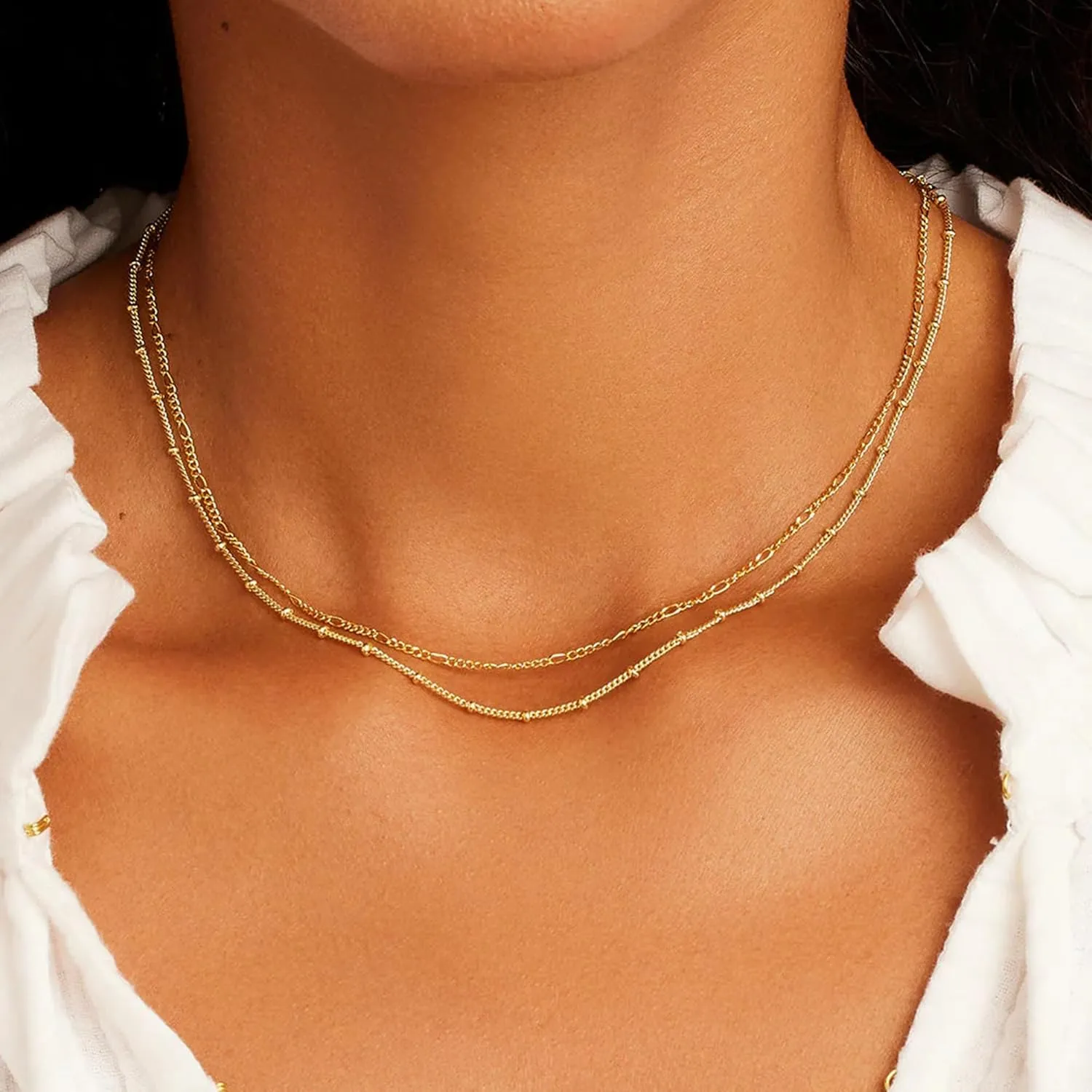 Layered Gold Necklaces for Women - 18K Gold Plated Herringbone Paperclip Chain Pearl Cuban Twist Rope Chain Necklace Waterproof Jewelry Dainty Choker Necklace Gold Jewelry for Women Gifts