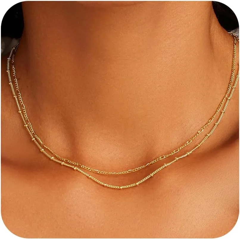 Layered Gold Necklaces for Women - 18K Gold Plated Herringbone Paperclip Chain Pearl Cuban Twist Rope Chain Necklace Waterproof Jewelry Dainty Choker Necklace Gold Jewelry for Women Gifts