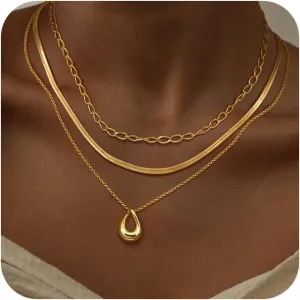 Layered Gold Necklaces for Women, 3Pcs Dainty 14k Gold/Silver Plated Herringbone Choker Set, Trendy Stack Simple Chain Layering Pendant Jewelry