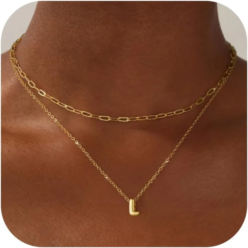 Layered Initial Necklaces for Women 14K Gold Plated Bubble A-Z Pendent Dainty Cute Choker Name Necklaces Stackable Small Initial Jewelry Gifts for Women Trendy