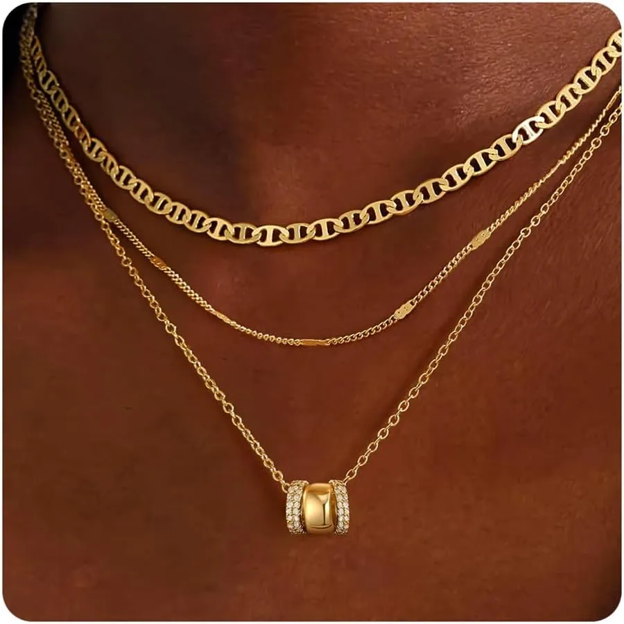 Layered Necklaces for Women - 14K Gold Plated Necklace, Dainty 3Pcs Layered Stacked Necklace, Circle Chain Necklaces, Non Tarnish Waterproof Jewelry, Birthday Gifts Mothers Day Gift