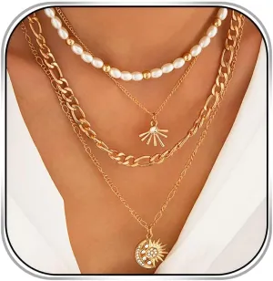 Layered Necklaces for Women Boho Sun Moon Necklace Pendant Beach Pearl Choker Set