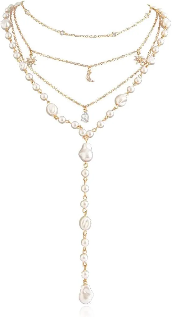 Layered Necklaces for Women, Dainty Y-Shaped Long Pearl Chain Necklace for Women,Shiny Crystal Moon Pendant Choker Necklace Set Party Jewelry Gift