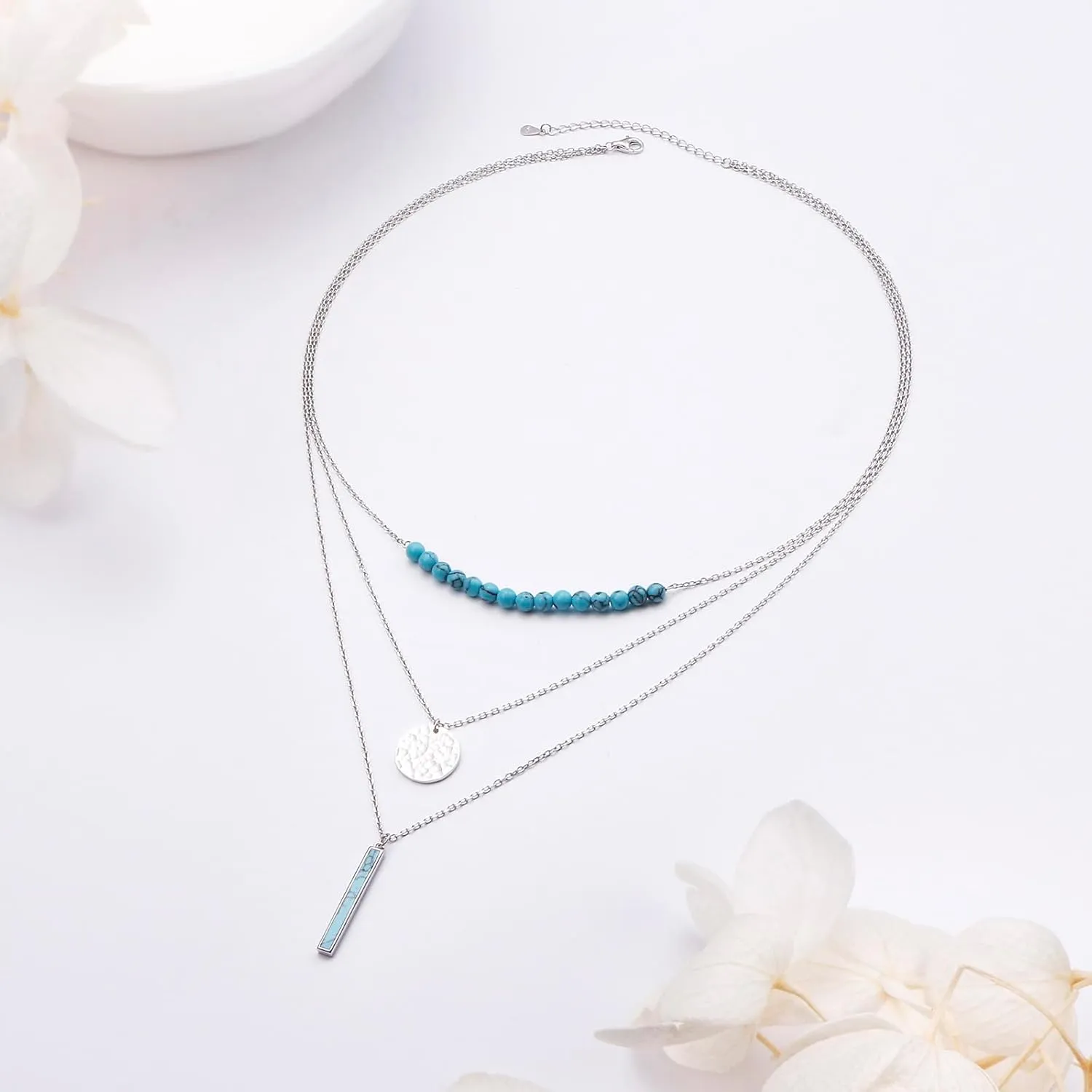 Layered Necklaces for Women Sterling Silver Turquoise Necklace Three Layer Dot Pendant Multilayer Long Necklace Turquoise Choker Chain Adjustable Teen Girls Jewelry