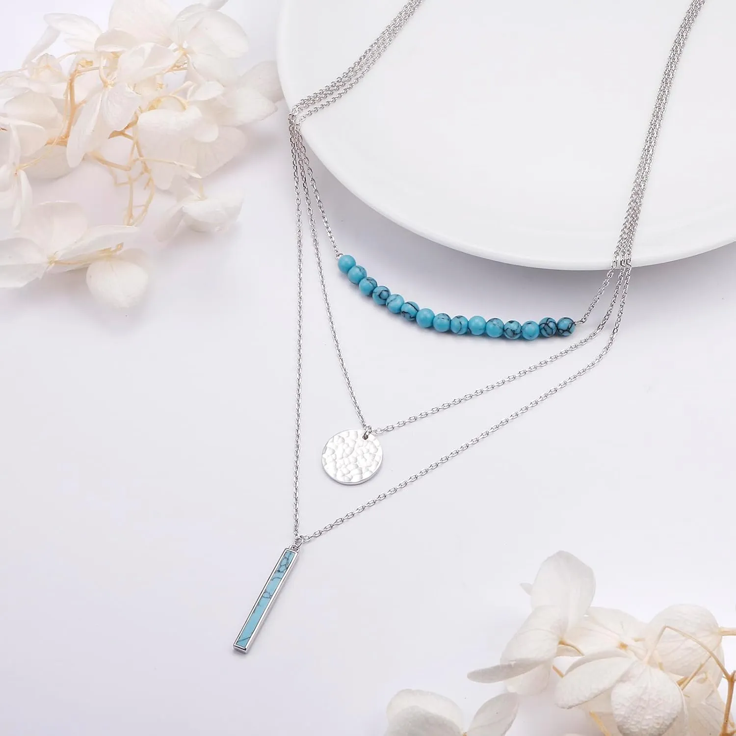 Layered Necklaces for Women Sterling Silver Turquoise Necklace Three Layer Dot Pendant Multilayer Long Necklace Turquoise Choker Chain Adjustable Teen Girls Jewelry