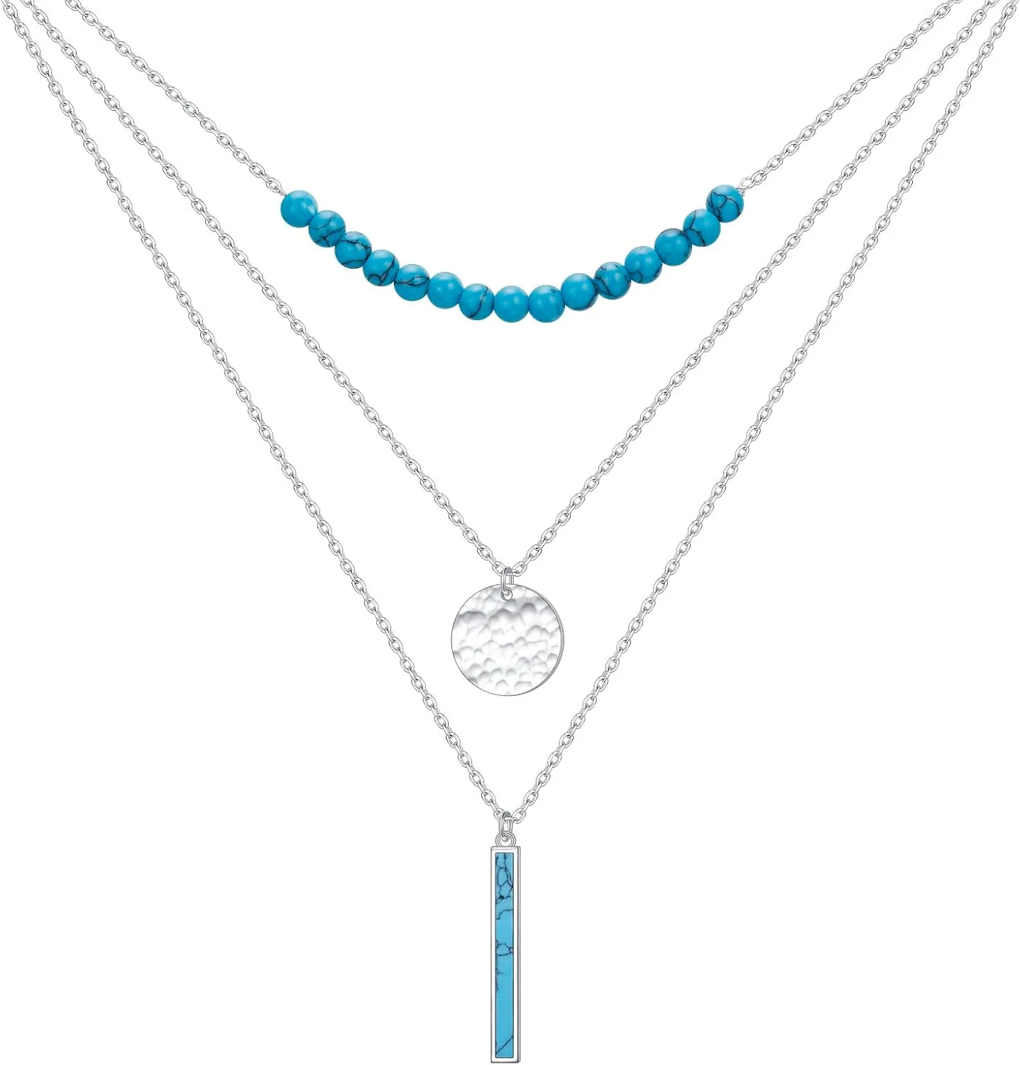 Layered Necklaces for Women Sterling Silver Turquoise Necklace Three Layer Dot Pendant Multilayer Long Necklace Turquoise Choker Chain Adjustable Teen Girls Jewelry