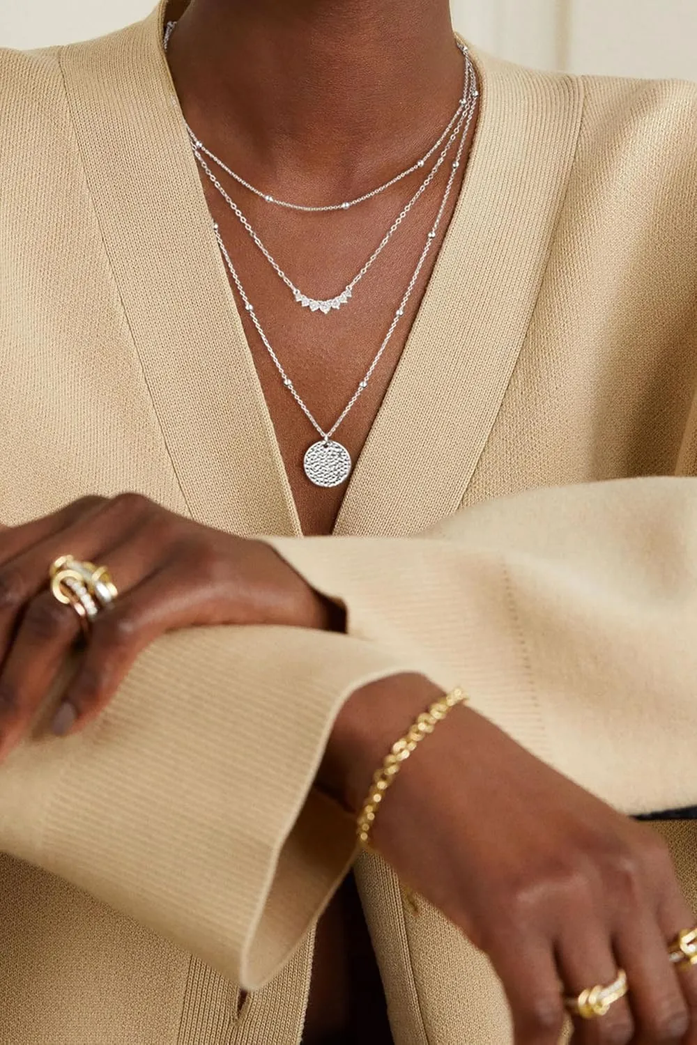Layered Silver Necklaces for Women, Sterling Silver Stackable Stack Choker Necklaces Trendy Real Gold Plated Layering Disc Circle Pendant Chain Dainty Necklace Set Jewelry for Women