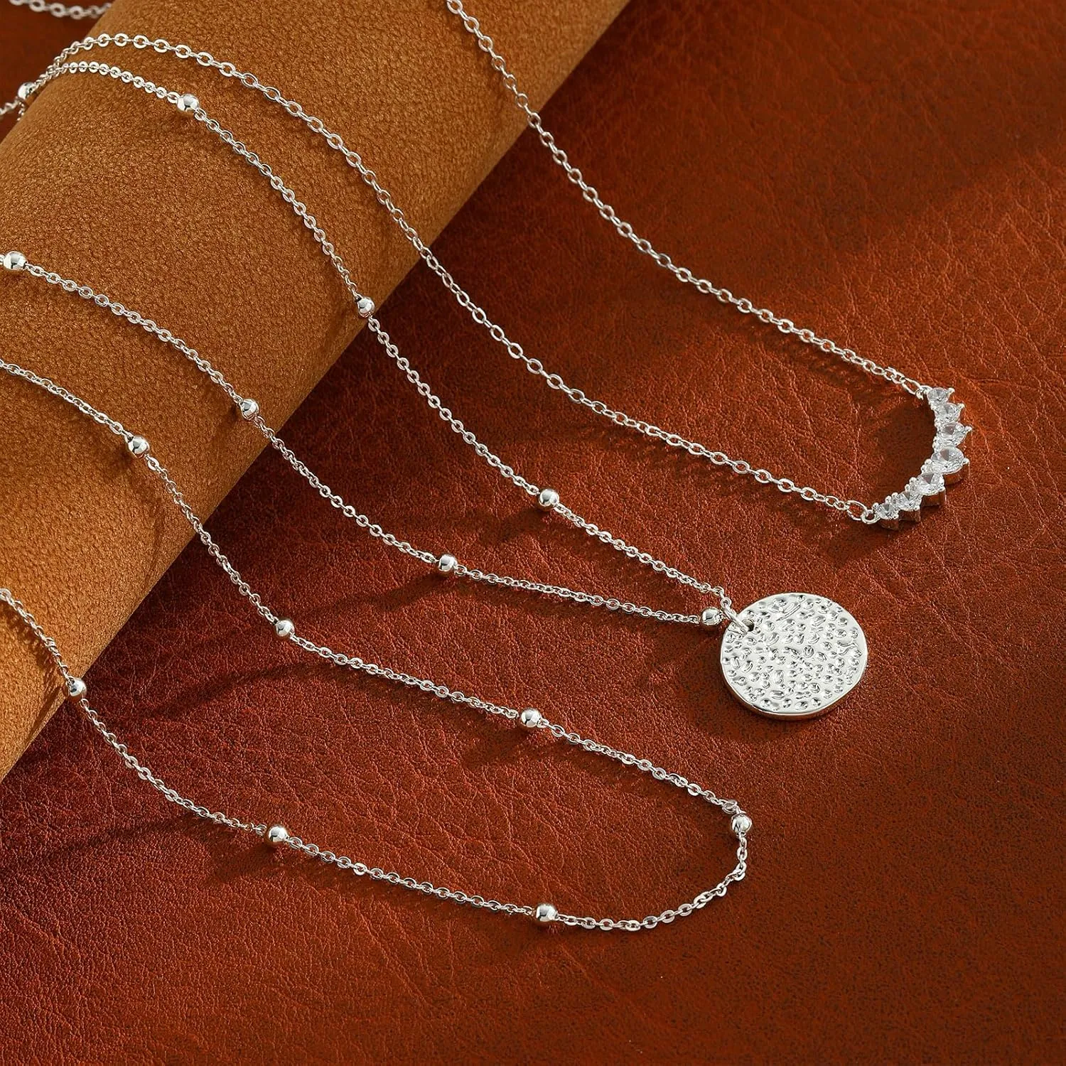 Layered Silver Necklaces for Women, Sterling Silver Stackable Stack Choker Necklaces Trendy Real Gold Plated Layering Disc Circle Pendant Chain Dainty Necklace Set Jewelry for Women