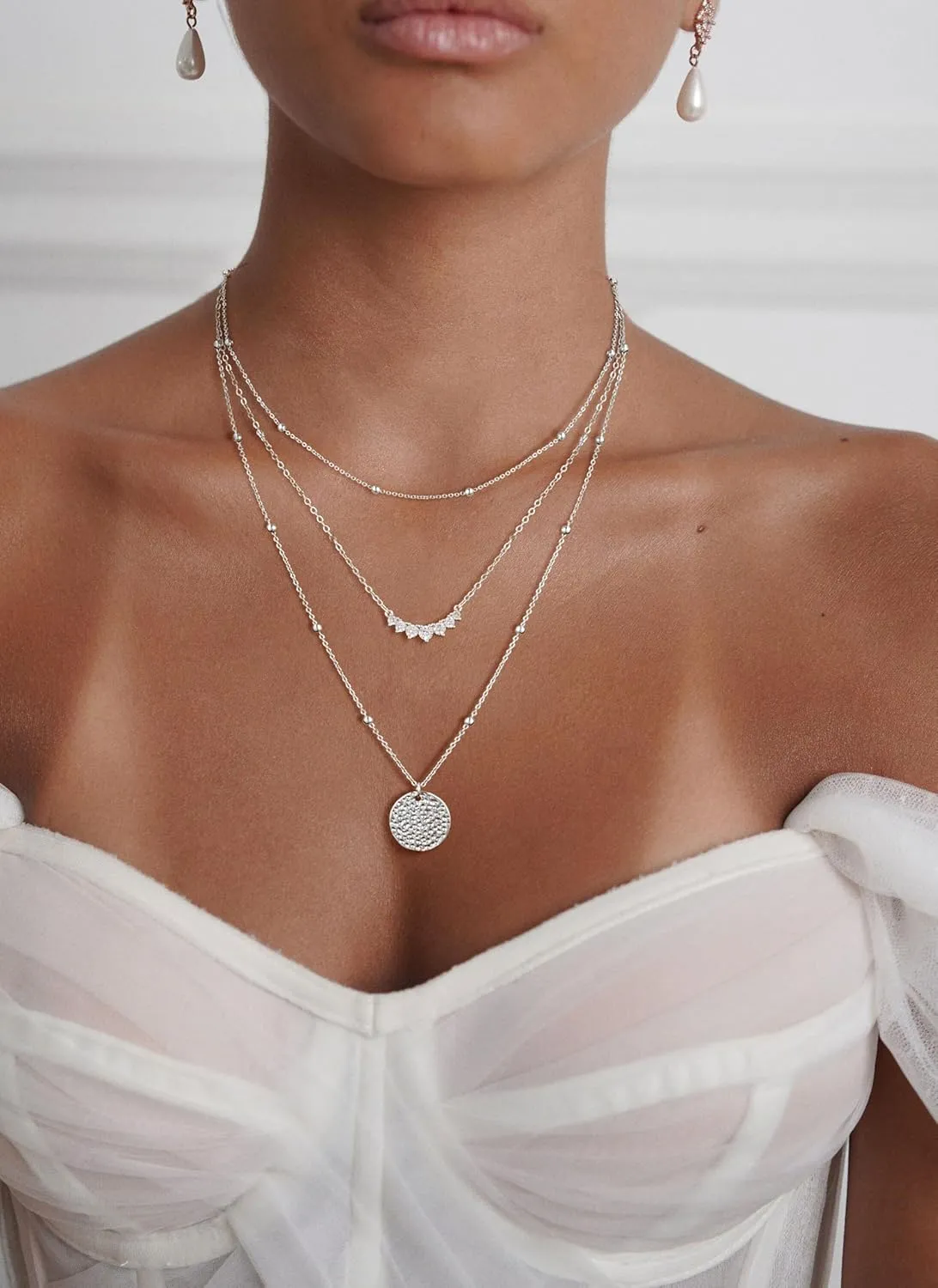 Layered Silver Necklaces for Women, Sterling Silver Stackable Stack Choker Necklaces Trendy Real Gold Plated Layering Disc Circle Pendant Chain Dainty Necklace Set Jewelry for Women