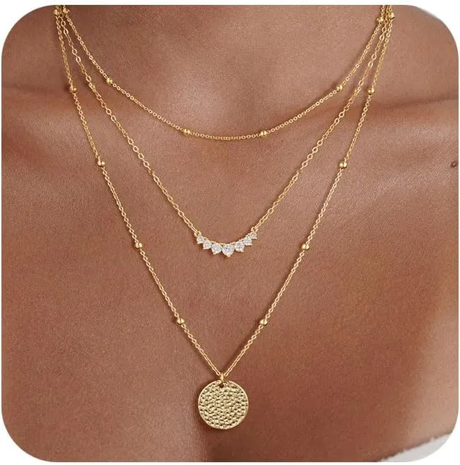 Layered Silver Necklaces for Women, Sterling Silver Stackable Stack Choker Necklaces Trendy Real Gold Plated Layering Disc Circle Pendant Chain Dainty Necklace Set Jewelry for Women