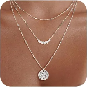 Layered Silver Necklaces for Women, Sterling Silver Stackable Stack Choker Necklaces Trendy Real Gold Plated Layering Disc Circle Pendant Chain Dainty Necklace Set Jewelry for Women