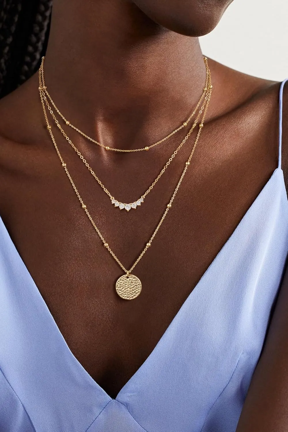 Layered Silver Necklaces for Women, Sterling Silver Stackable Stack Choker Necklaces Trendy Real Gold Plated Layering Disc Circle Pendant Chain Dainty Necklace Set Jewelry for Women