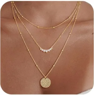 Layered Silver Necklaces for Women, Sterling Silver Stackable Stack Choker Necklaces Trendy Real Gold Plated Layering Disc Circle Pendant Chain Dainty Necklace Set Jewelry for Women