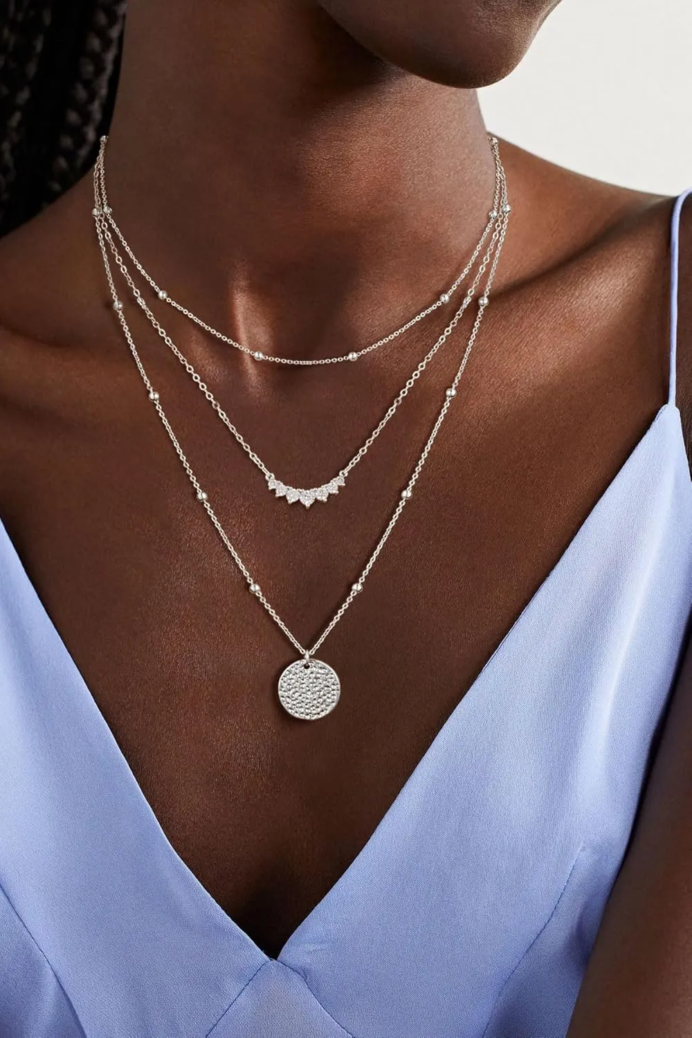 Layered Silver Necklaces for Women, Sterling Silver Stackable Stack Choker Necklaces Trendy Real Gold Plated Layering Disc Circle Pendant Chain Dainty Necklace Set Jewelry for Women
