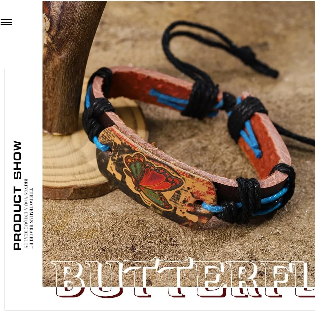 Leather Butterfly Bracelets Vintage Woven Bracelet Handmade Wrap Bracelets Jewelry for Women and Men