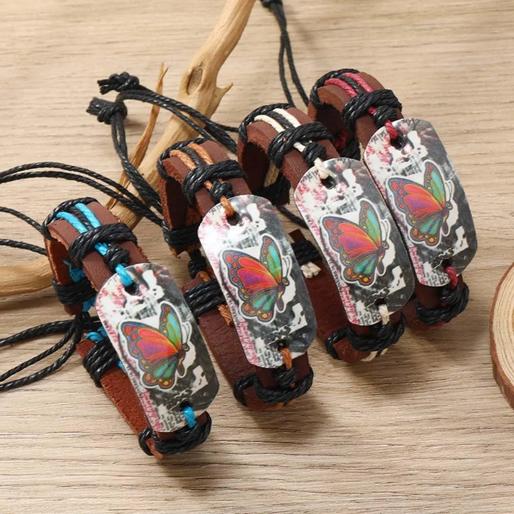 Leather Butterfly Bracelets Vintage Woven Bracelet Handmade Wrap Bracelets Jewelry for Women and Men