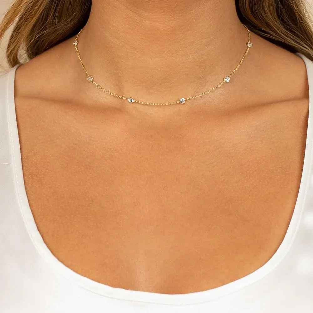 LecAit 14K Gold/Silver Plated Station Necklace for Women | CZ Diamond Choker Necklaces | Simulated Diamond BTY Necklace | Gold Cubic Zirconia Chain Choker Necklaces for Women
