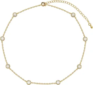 LecAit 14K Gold/Silver Plated Station Necklace for Women | CZ Diamond Choker Necklaces | Simulated Diamond BTY Necklace | Gold Cubic Zirconia Chain Choker Necklaces for Women