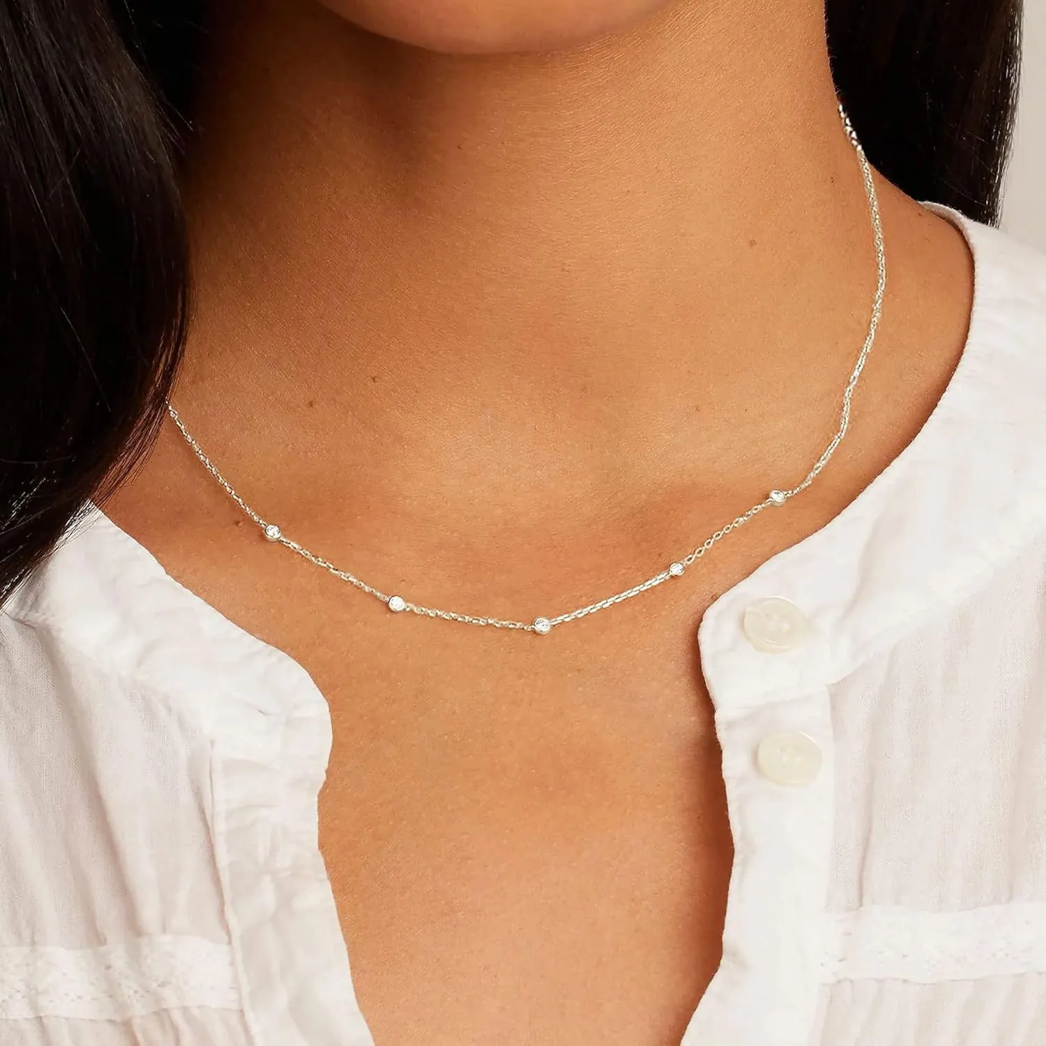 LecAit 14K Gold/Silver Plated Station Necklace for Women | CZ Diamond Choker Necklaces | Simulated Diamond BTY Necklace | Gold Cubic Zirconia Chain Choker Necklaces for Women