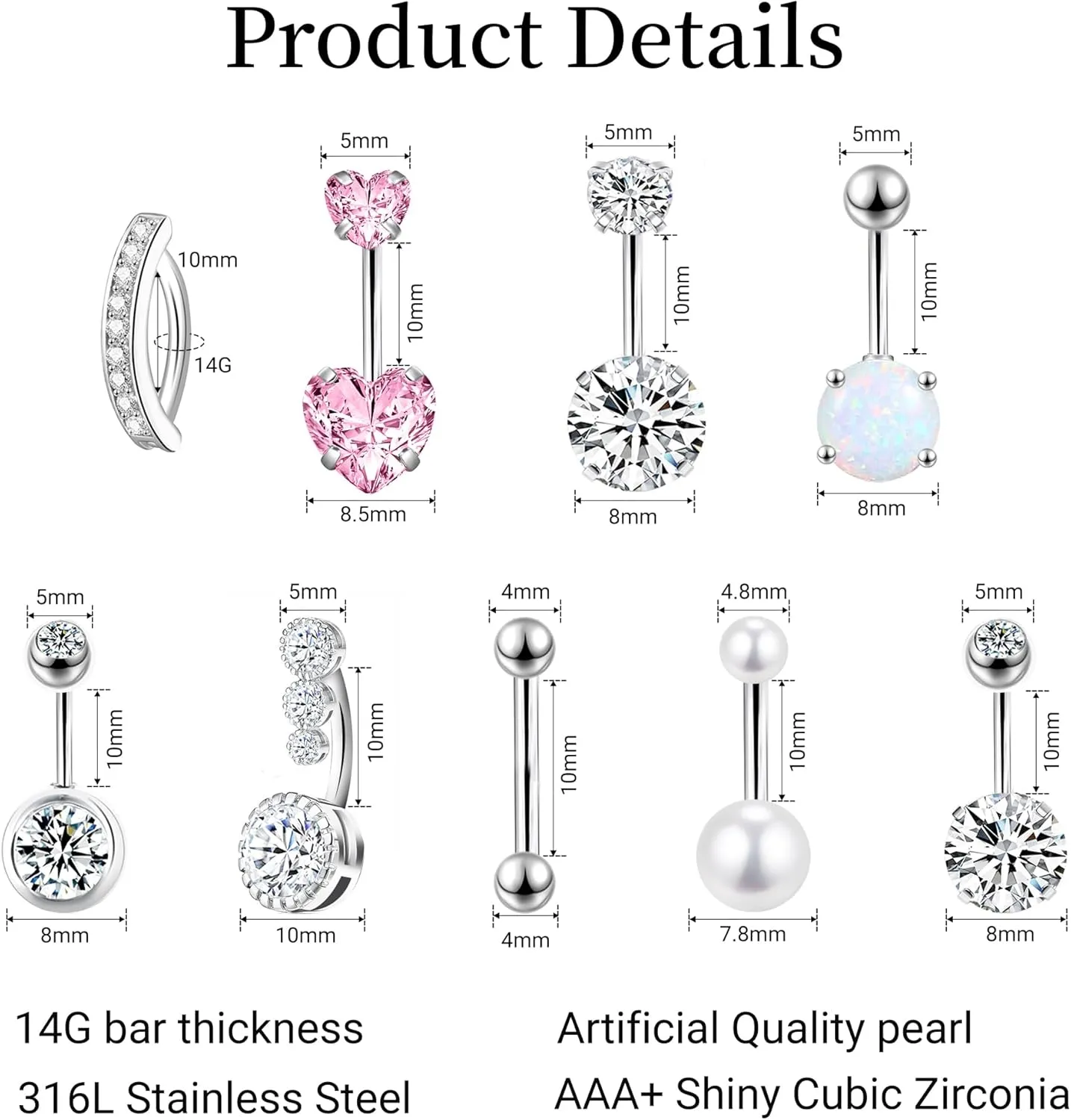 LEE&RO Belly Button Rings 14G Belly Piercing Jewelry Navel Rings Surgical Steel Belly Rings