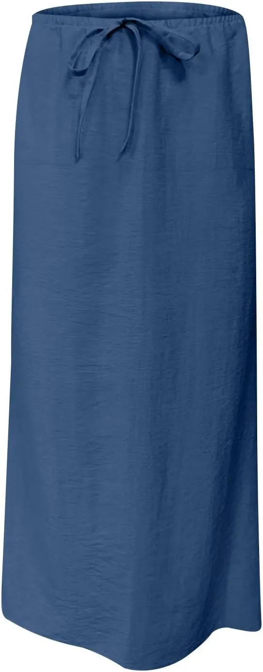Linen Maxi Skirts for Women Comfy Drawstring Waist A Line Dresses Long Flowy Boho Vacation Skirts 2025 Summer