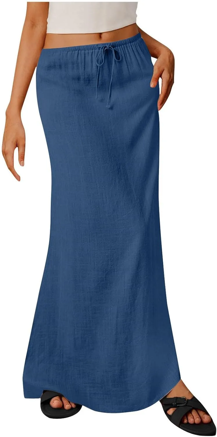 Linen Maxi Skirts for Women Comfy Drawstring Waist A Line Dresses Long Flowy Boho Vacation Skirts 2025 Summer