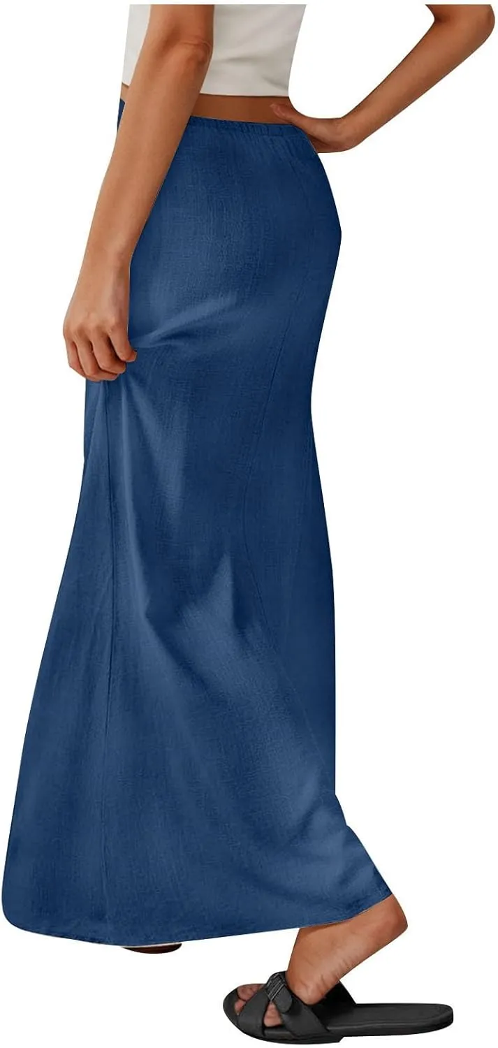 Linen Maxi Skirts for Women Comfy Drawstring Waist A Line Dresses Long Flowy Boho Vacation Skirts 2025 Summer