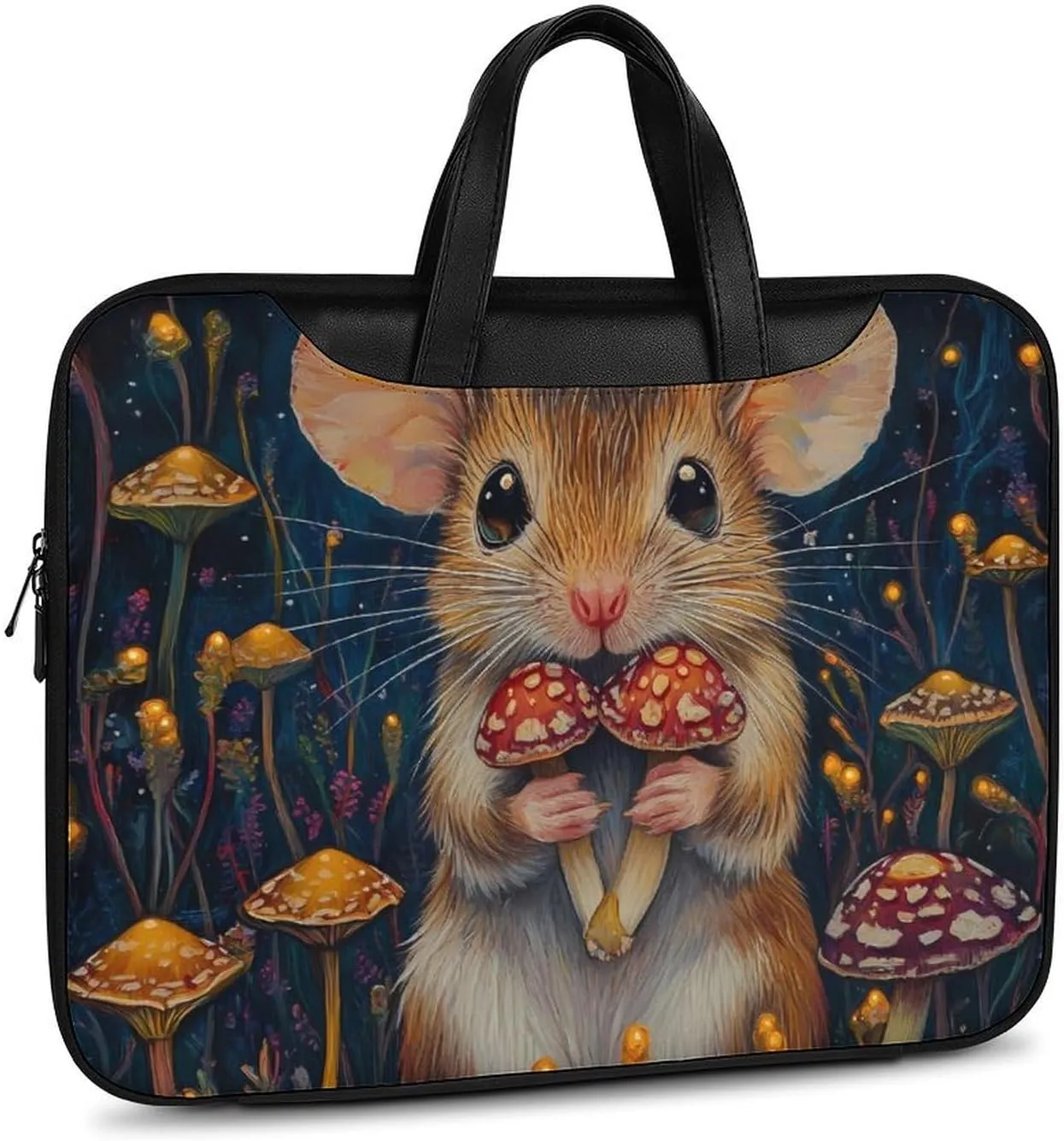 Little Mouse Holding Mushrooms Leather Bag Laptop Case Slim Water Resistant Computer Bags with Handle Briefcase for Work