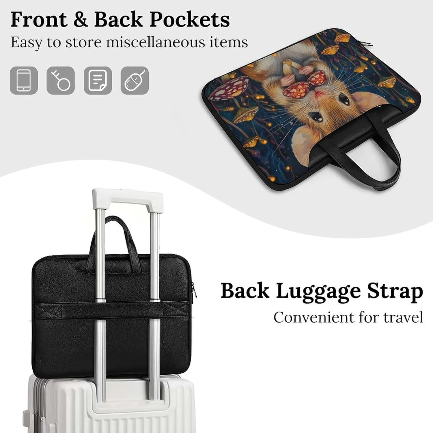 Little Mouse Holding Mushrooms Leather Bag Laptop Case Slim Water Resistant Computer Bags with Handle Briefcase for Work