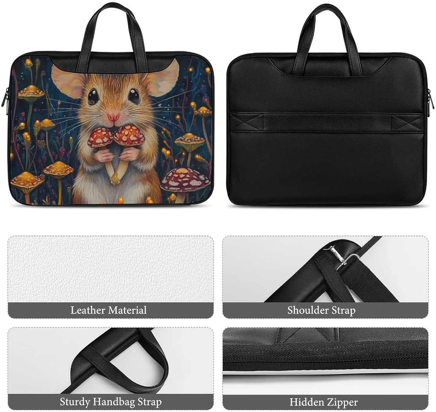 Little Mouse Holding Mushrooms Leather Bag Laptop Case Slim Water Resistant Computer Bags with Handle Briefcase for Work