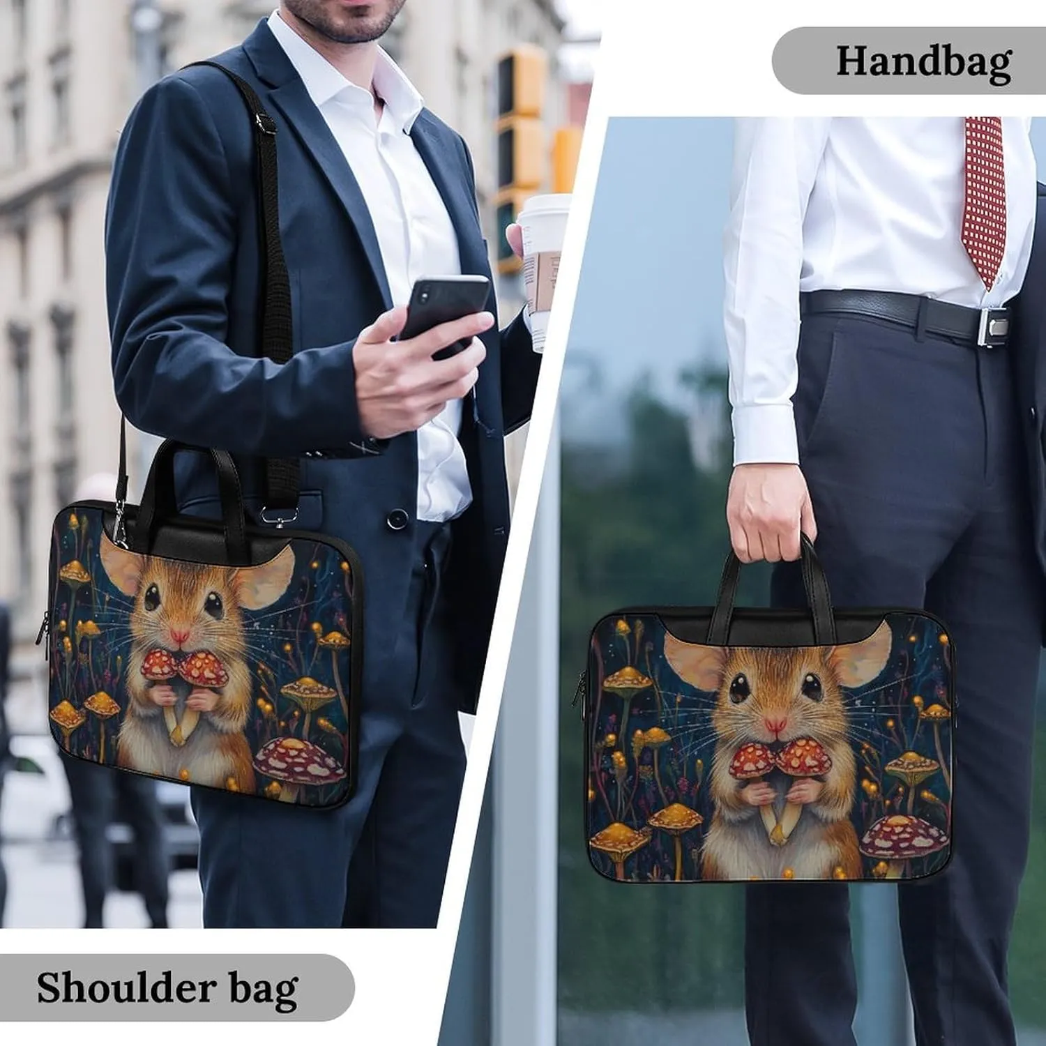 Little Mouse Holding Mushrooms Leather Bag Laptop Case Slim Water Resistant Computer Bags with Handle Briefcase for Work