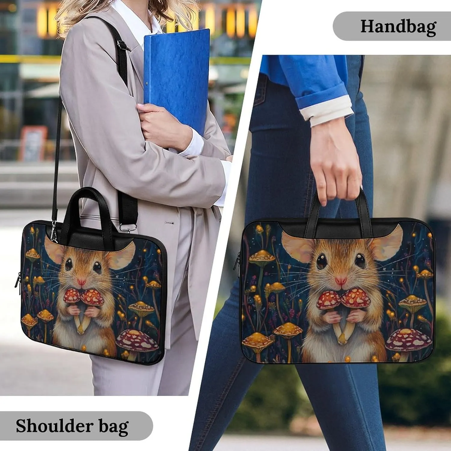 Little Mouse Holding Mushrooms Leather Bag Laptop Case Slim Water Resistant Computer Bags with Handle Briefcase for Work