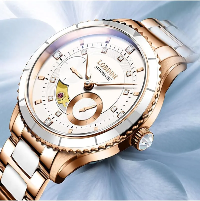 LOBINNI Women's Stainless Steel Automatic Mechanical Fashion Top Brand Luxury Dress Watch Elegant Christmas Valentine