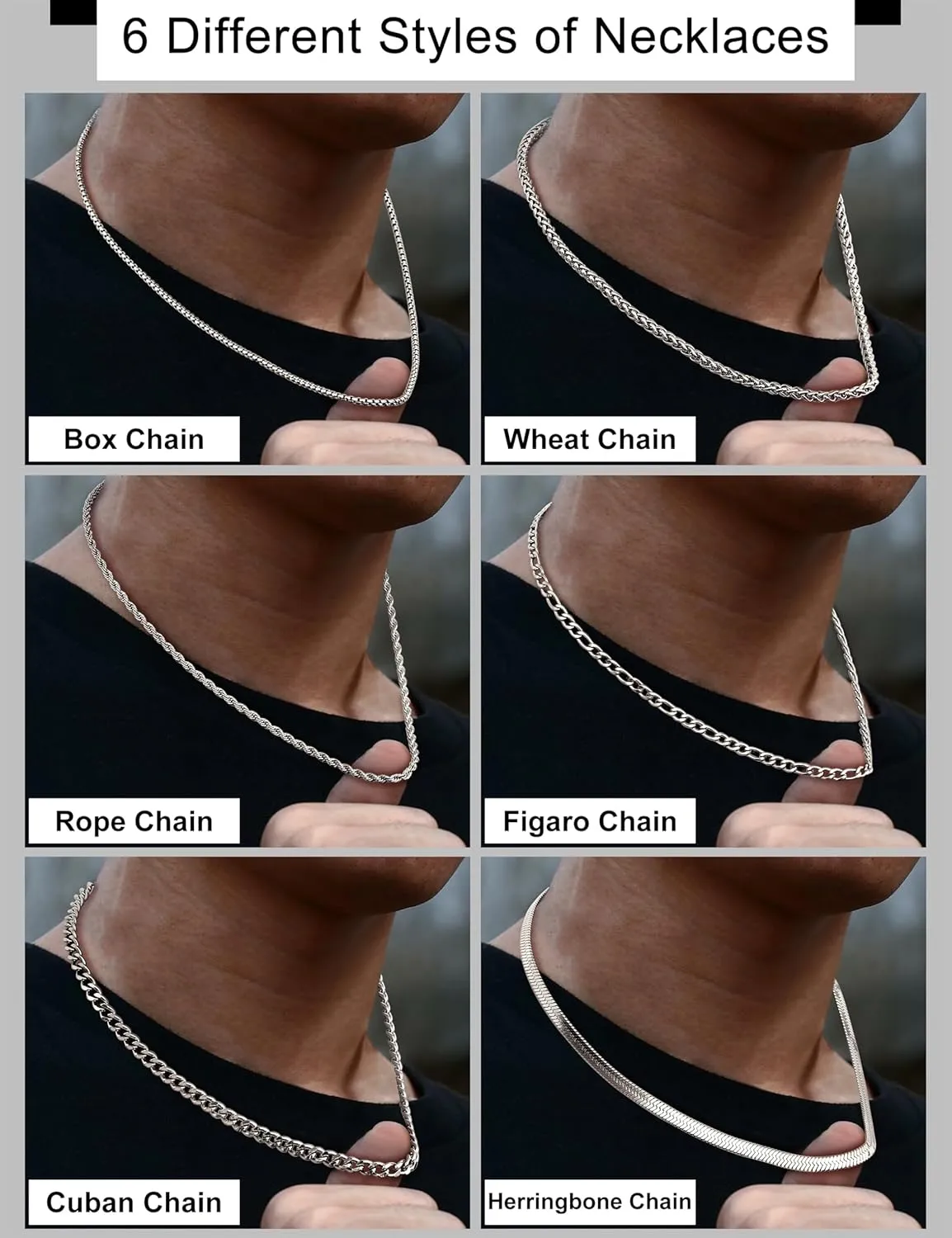 LOLIAS Silver Chain Necklace for Men Women - 6Pcs Stainless Steel Cuban Link/Rope/Box/Figaro/Herringbone/Wheat Chain Layered Stacked Necklace Set 16/18/20/22/24 Inches