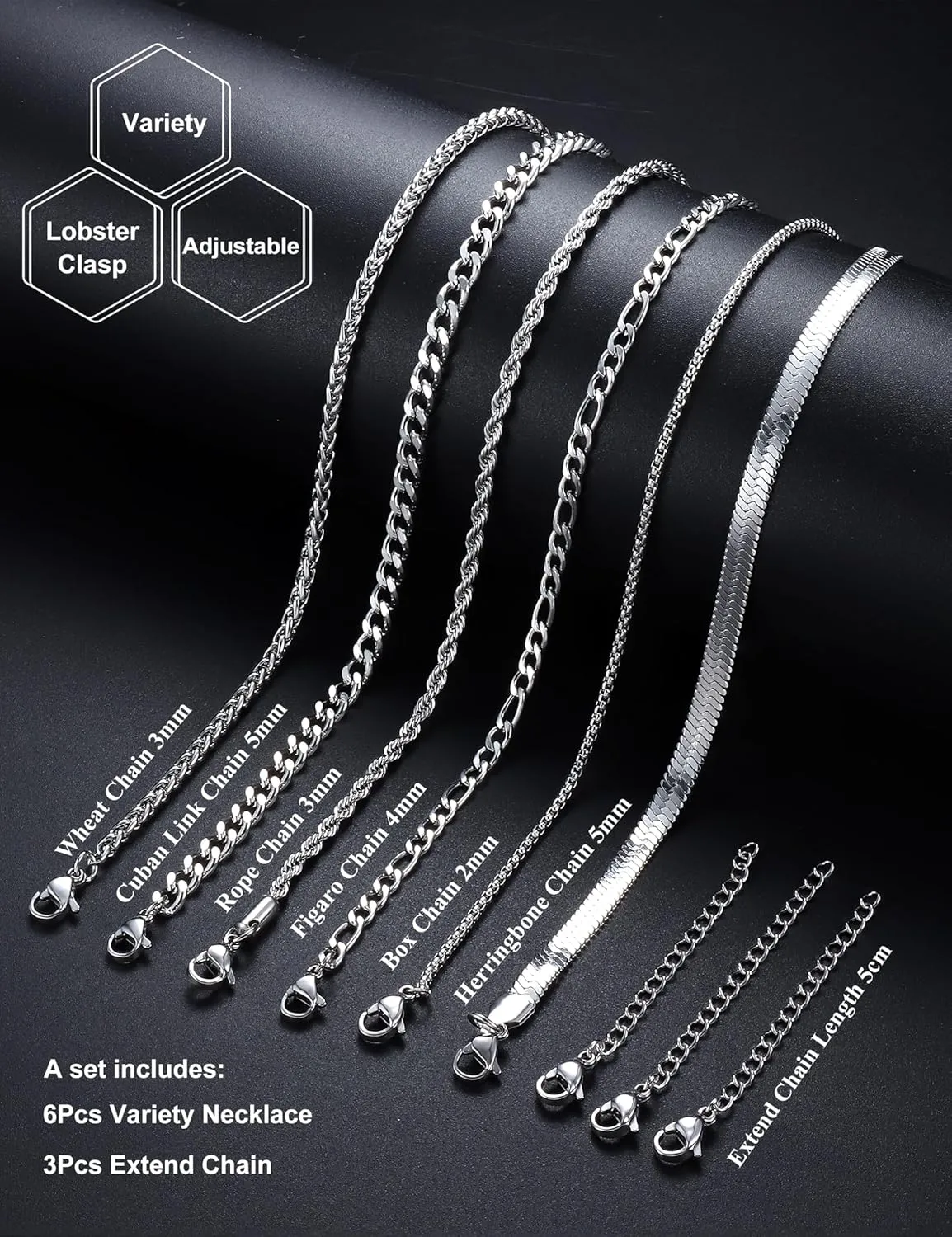 LOLIAS Silver Chain Necklace for Men Women - 6Pcs Stainless Steel Cuban Link/Rope/Box/Figaro/Herringbone/Wheat Chain Layered Stacked Necklace Set 16/18/20/22/24 Inches
