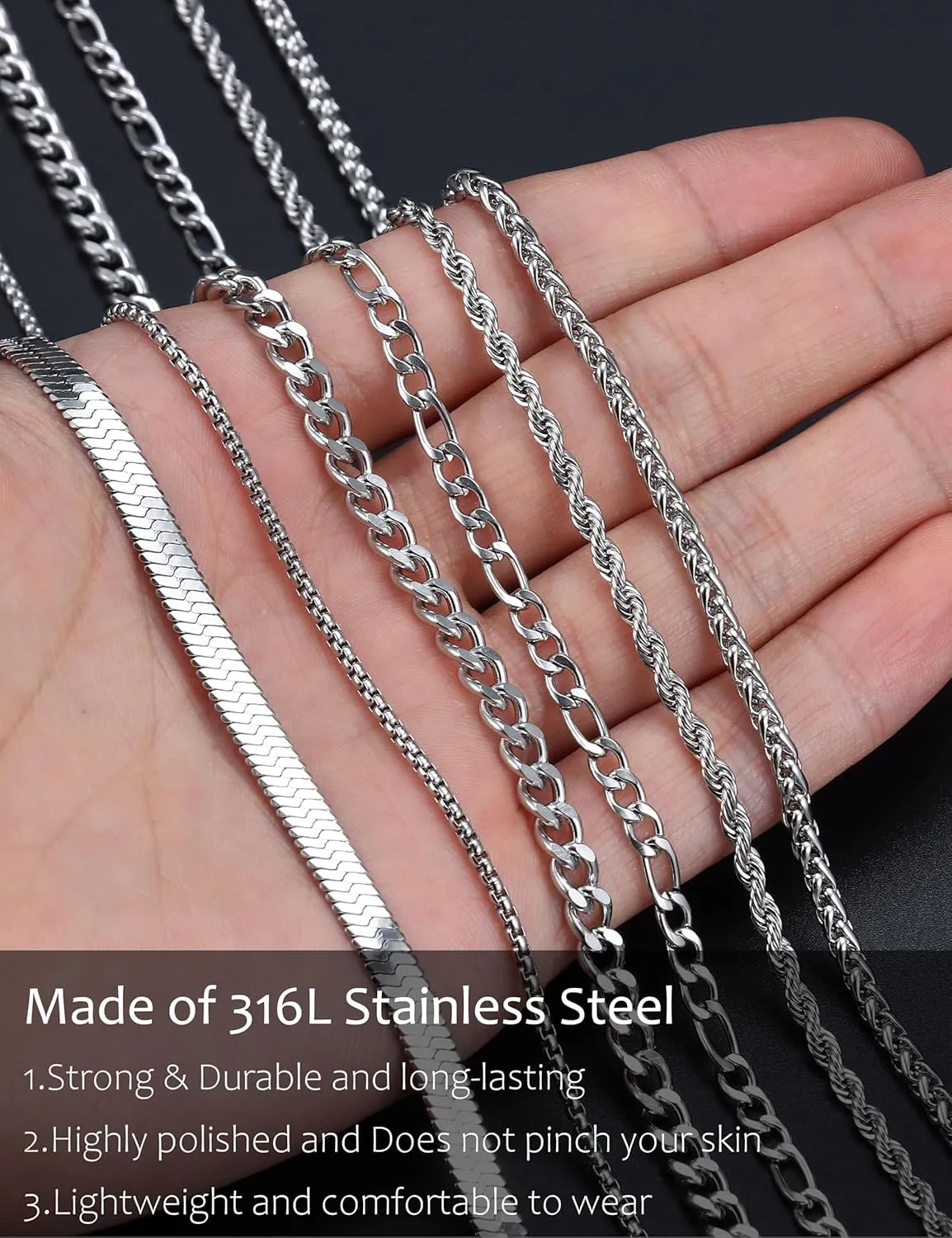 LOLIAS Silver Chain Necklace for Men Women - 6Pcs Stainless Steel Cuban Link/Rope/Box/Figaro/Herringbone/Wheat Chain Layered Stacked Necklace Set 16/18/20/22/24 Inches