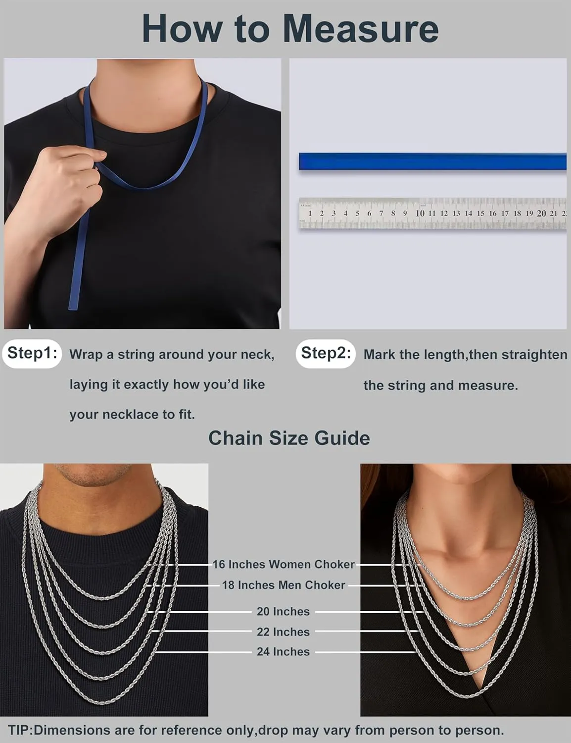 LOLIAS Silver Chain Necklace for Men Women - 6Pcs Stainless Steel Cuban Link/Rope/Box/Figaro/Herringbone/Wheat Chain Layered Stacked Necklace Set 16/18/20/22/24 Inches