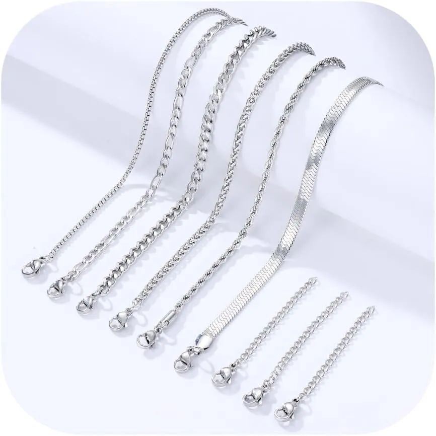 LOLIAS Silver Chain Necklace for Men Women - 6Pcs Stainless Steel Cuban Link/Rope/Box/Figaro/Herringbone/Wheat Chain Layered Stacked Necklace Set 16/18/20/22/24 Inches
