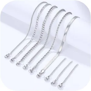 LOLIAS Silver Chain Necklace for Men Women - 6Pcs Stainless Steel Cuban Link/Rope/Box/Figaro/Herringbone/Wheat Chain Layered Stacked Necklace Set 16/18/20/22/24 Inches