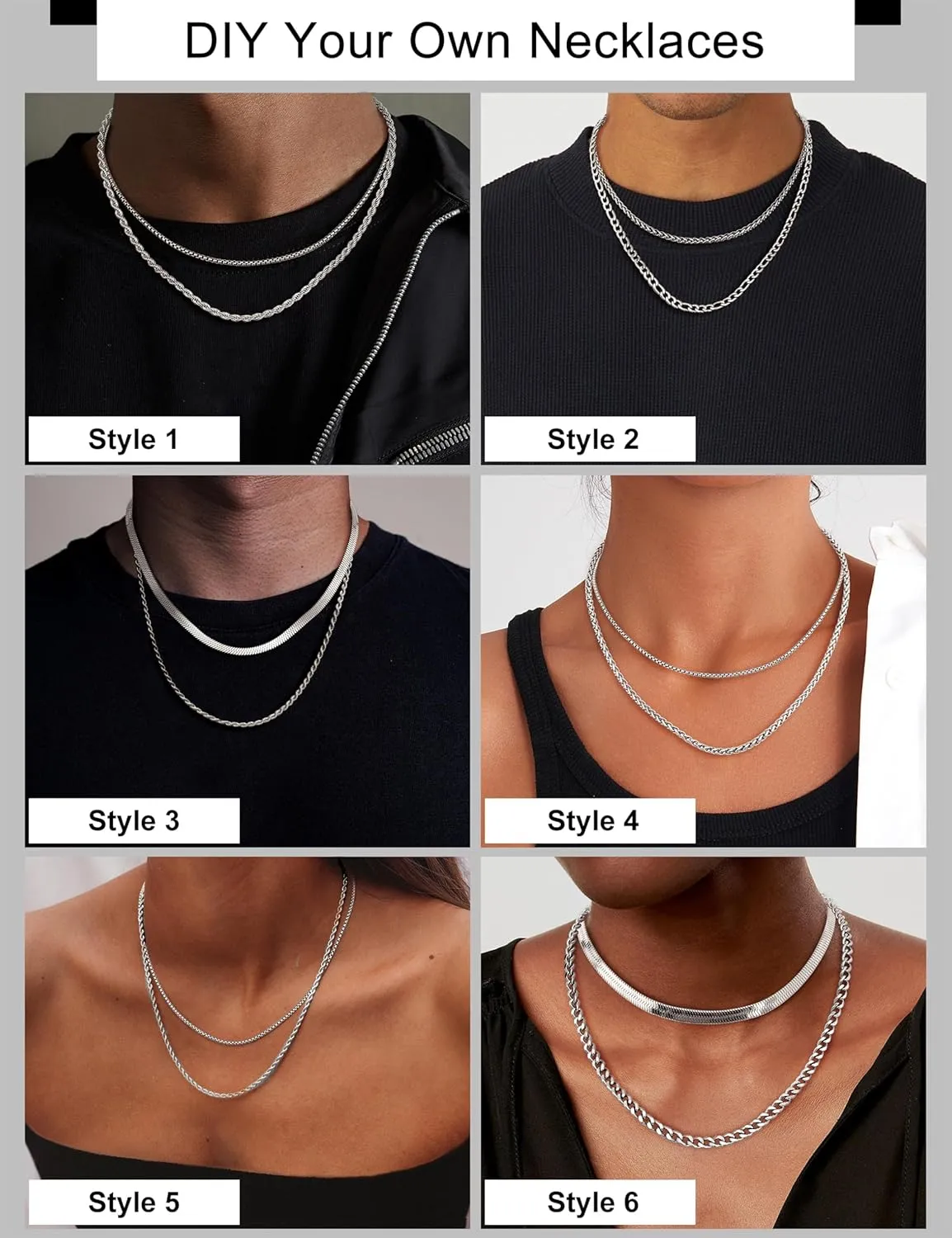 LOLIAS Silver Chain Necklace for Men Women - 6Pcs Stainless Steel Cuban Link/Rope/Box/Figaro/Herringbone/Wheat Chain Layered Stacked Necklace Set 16/18/20/22/24 Inches