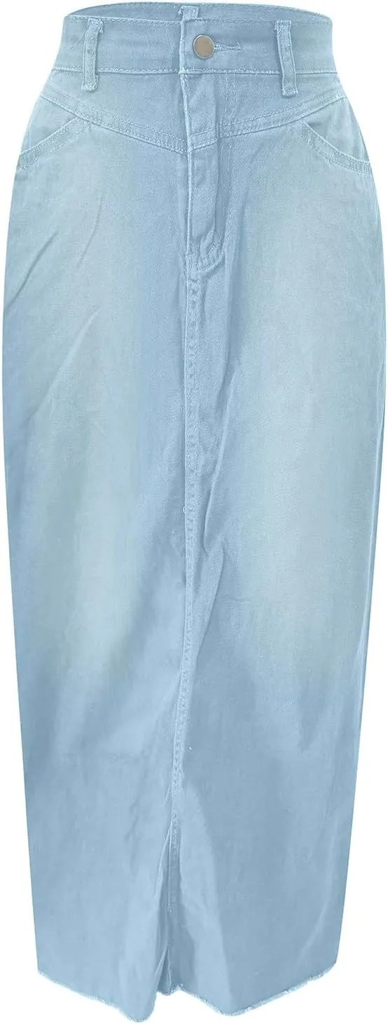 Long Denim Skirts for Women with Pockets Casual High Waisted Stretch Pencil Maxi Jean Skirt
