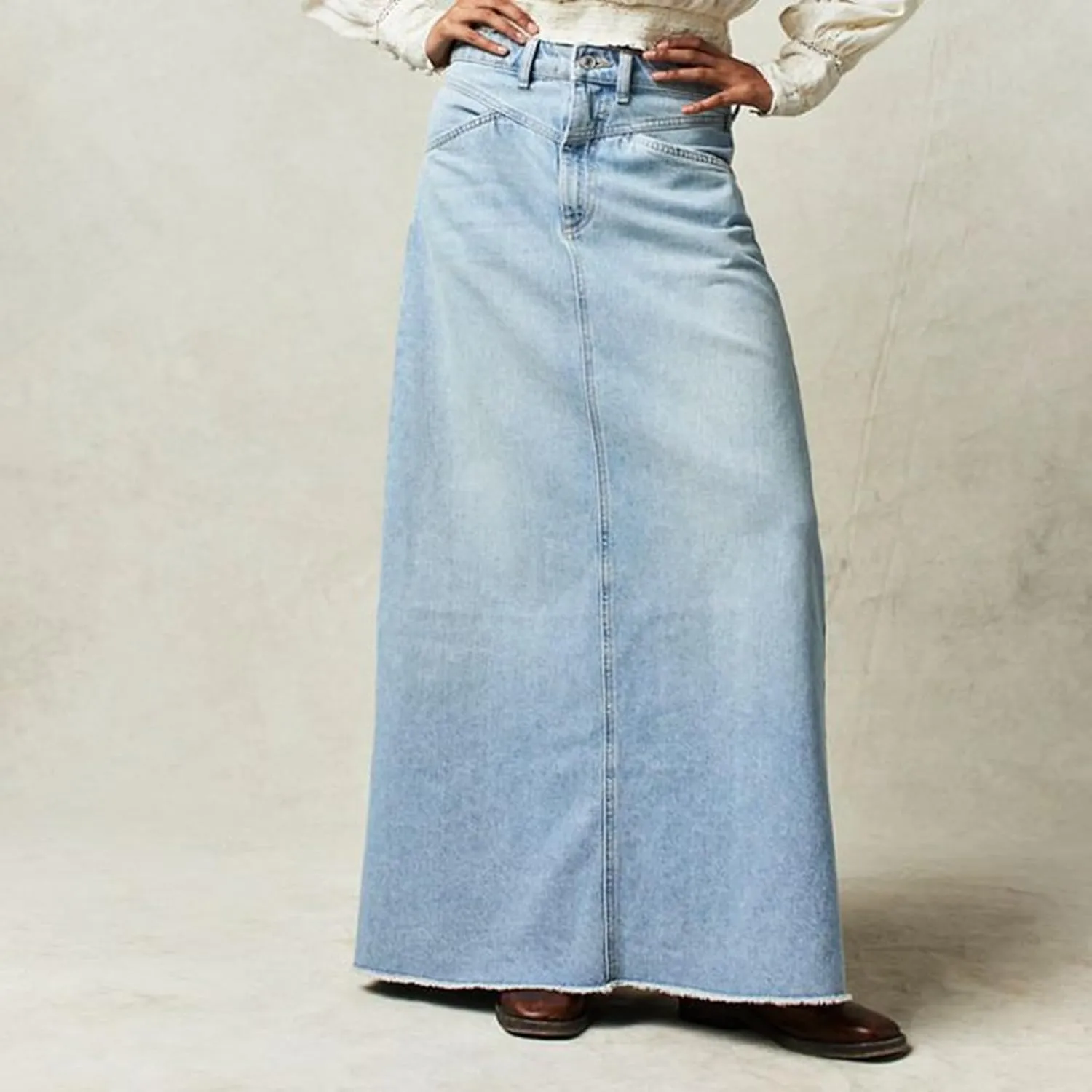Long Denim Skirts for Women with Pockets Casual High Waisted Stretch Pencil Maxi Jean Skirt